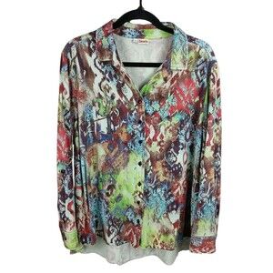 Tianello Blouse Top Womens Large Button Up Tencel Rayon Abstract Roll Tab Artsy